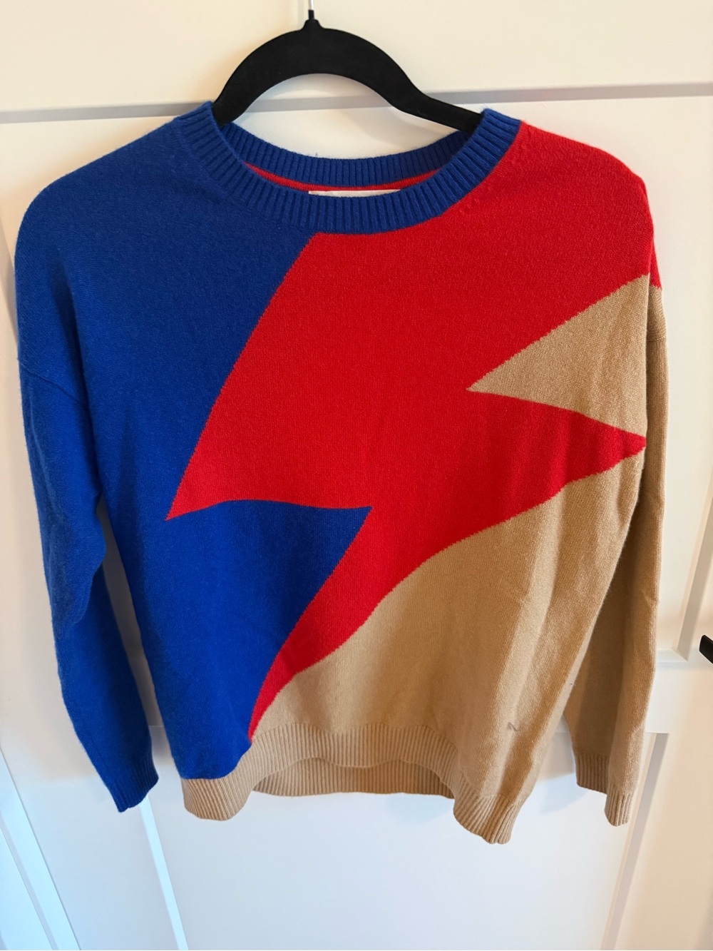 Boden 100% Cashmere Lightning Bolt Colorblock Sweater Blue Red Tan Small